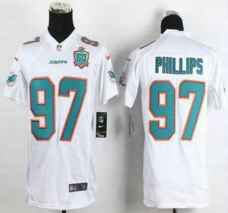 Youth Miami Dolphins #97 Jordan Phillips White Road 2015 NFL 50th Patch Nike Game Jersey