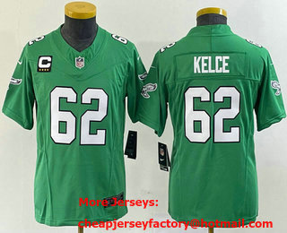 Youth Philadelphia Eagles #62 Jason Kelce Green C Patch 2023 FUSE Vapor Limited Throwback Stitched Jersey