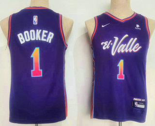 Youth Phoenix Suns #1 Devin Booker Purple 2023 City Icon Sponsor Swingman Jersey
