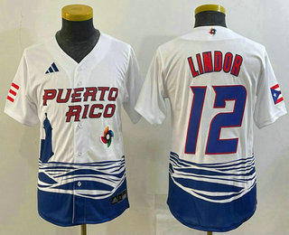 Youth Puerto Rico Baseball #12 Francisco Lindor 2023 White World Baseball Classic Stitched Jersey 04