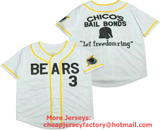 Youth Stitched Bad News BEARS Movie Chicos Bail Bonds Retro #3 Button Down White Baseball Jersey