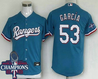 Youth Texas Rangers #53 Adolis Garcia Light Blue 2023 World Series Champions Cool Base Jersey